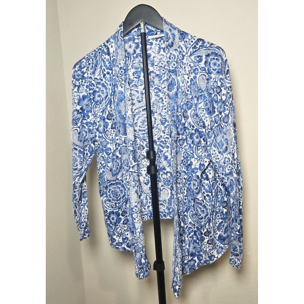 Chico’s 100% Linen XL Floral Open Front Jacket Cardigan Blue White Lightweight